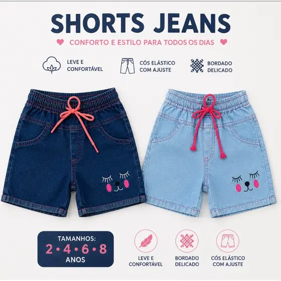 Short Jeans Gatinha Infantil Feminino Menina Bordado Bermuda Jeans Claro/Escuro Cós Elástico 2 4 6 8 Anos