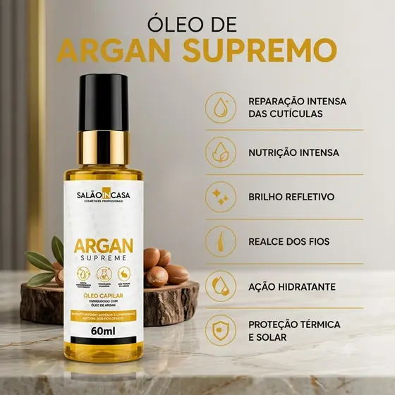 Óleo de Argan Premium 60ml | Nutrição Profunda | Reparação das Cutículas | Brilho Intenso | Salão In Casa