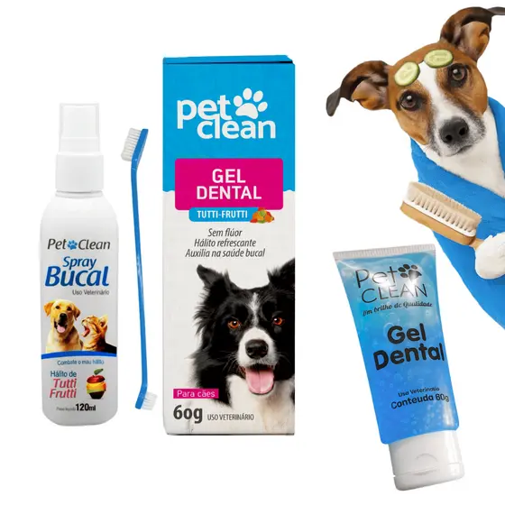 Kit Higiene Bucal Pet Gel Dental Cachorro Pasta Spray Escova de Dentes Anti-Tártaro