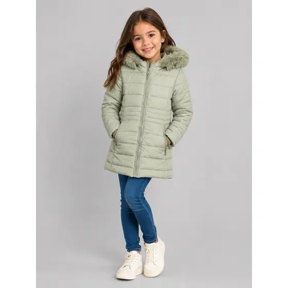 Jaqueta Infantil Puffer Menina Forrada Pelúcia Capuz Bolsos.