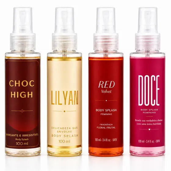Kit 4 Fragrâncias Femininas Irresistíveis-  Perfume Choc High, Lilyan, Red e Doce 100ml cada