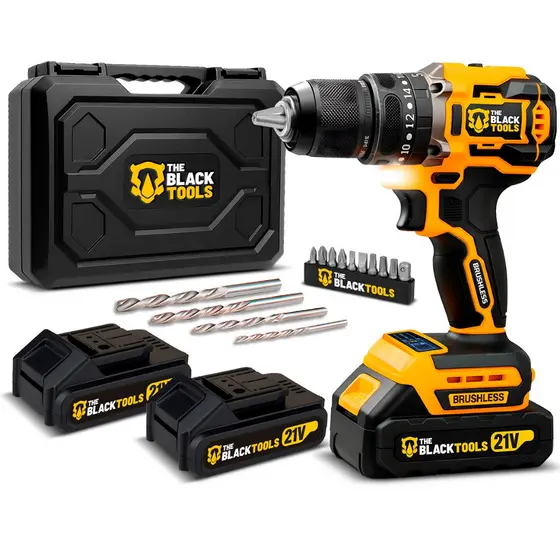 Parafusadeira E Furadeira De Impacto Sem Fio 2 Baterias 21v + Acessórios Com Maleta The Black Tools