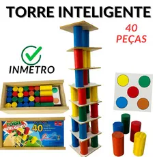 Jogo Torre Inteligente em Madeira Brinquedo Educativo Pedagógico Lúdico em Madeira 40 Peças