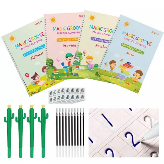 Kit de Caligrafia para Crianças: 4 Cadernos de Prática de Escrita Reutilizável com Caneta Mágica | Treino Alfabeto