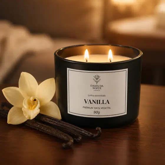 Vela Aromática Premium 90g Vidro Preto Cera Vegetal Tampa Madeira Presente