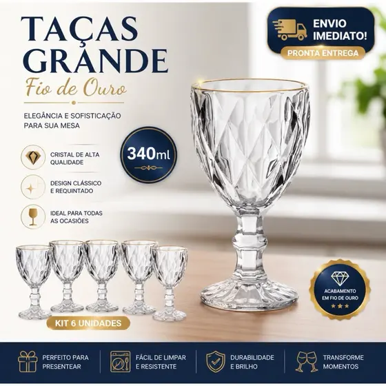 Conjunto Kit 6 Taças vidro Agua Suco Diamond Borda Dourada 340ml Taça Vidro Borda Ouro Grande
