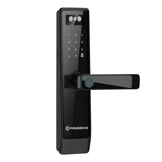 Fechadura Digital Primebras Frankfurt Biometria Facial Câmera Wi-Fi App Black Piano Porta Madeira e Aluminio P7001