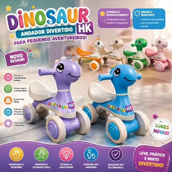 Motoca Infantil De Equilíbrio C/ Luz E Som Dino  - HK Brinquedos