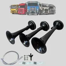 Buzina 3 Cornetas Ar Universal Para Caminhão Carro Verdureiro Preta Automotiva