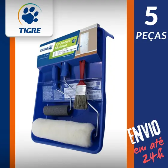 Kit de Pintura Completo Tigre 5 Peças Com Rolo de Lã, Rolo de Espuma, Pincel, Bandeja e Suporte