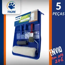 Kit de Pintura Completo Tigre 5 Peças Com Rolo de Lã, Rolo de Espuma, Pincel, Bandeja e Suporte