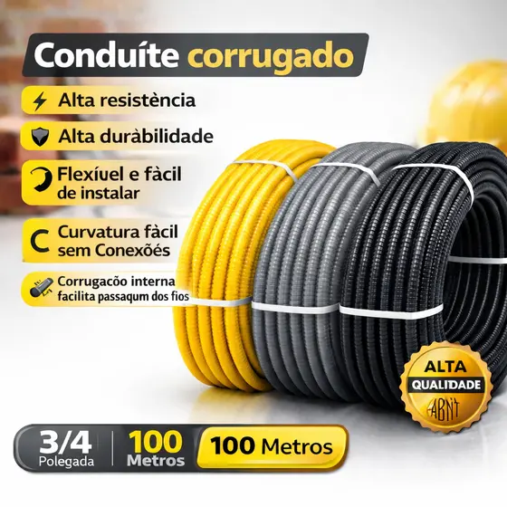 Conduite 3/4 Corrugado Flexível Amarelo, Cinza Preto Canduite Rolo 50M Premium Para Fios Parede Teto