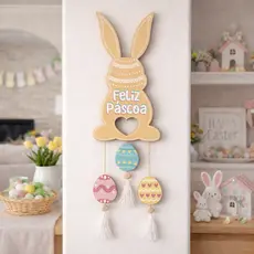 Enfeite Decorativo de Páscoa Coelho Feliz Páscoa com Ovos Pendentes