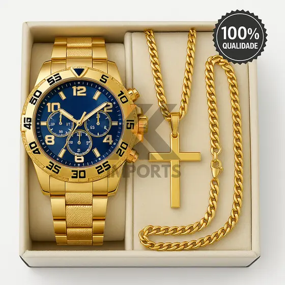 Relógio Masculino Aço inox A PROVA D'ÁGUA Conjunto c/ Corrente + Pulseira e Pingente Presente Pais Namorados