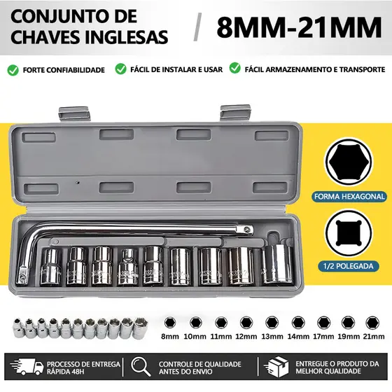 Kit Jogo Chaves L Soquete Chave De Boca Biela 10 Peças 8-21mm