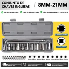 Kit Jogo Chaves L Soquete Chave De Boca Biela 10 Peças 8-21mm