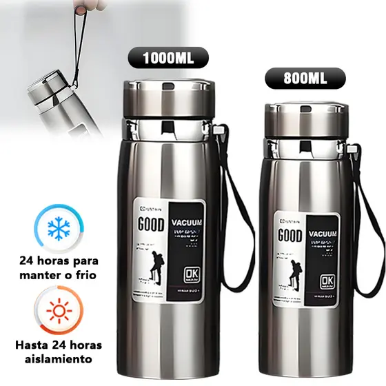 Garrafa 800ml/1000ml Inox Térmica Com Infusor Prata Dourada Marron Água Café Parede Dupla Com Alça