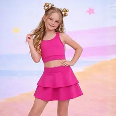 Conjunto de Academia Fitness Infantil Feminino Poliamida Top Short Saia