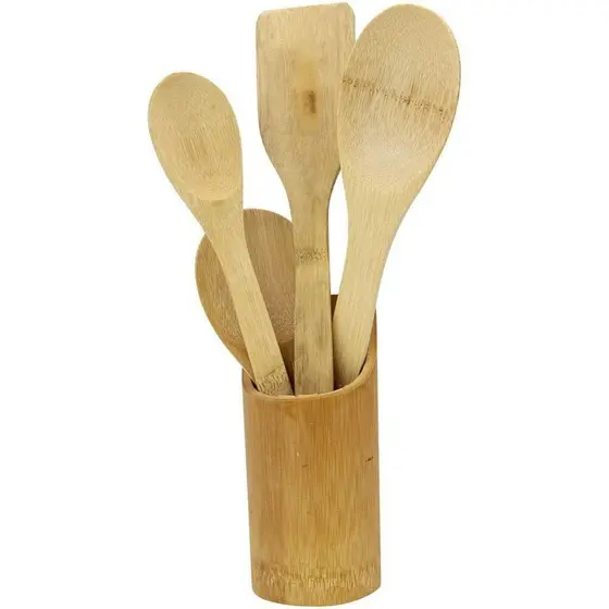 Kit Utensílios de Bambu p/ Cozinha - 5 Peças | Colheres, Espátulas e Suporte