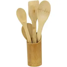 Kit Utensílios de Bambu p/ Cozinha - 5 Peças | Colheres, Espátulas e Suporte