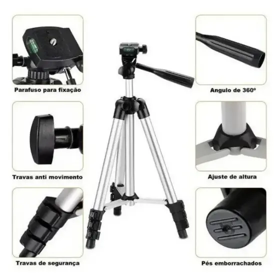 Tripé Profissional Premium 110cm Ajustável para Câmera, Celular, Projetor, Ring Light, Tablet