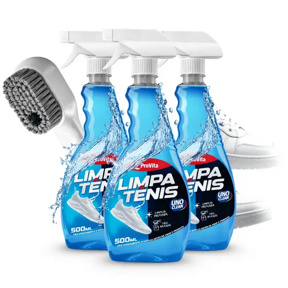 Kit 3 Limpa Tênis + Escova Spray Premium Espuma Provita 500ml Remove Sujeira Pesada Calçado Branco