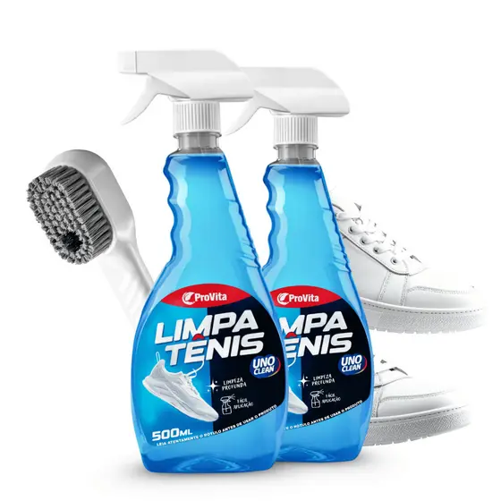 Kit 2 Limpa Tênis + Escova Spray Premium Espuma Provita 500ml Remove Sujeira Pesada Calçado Branco