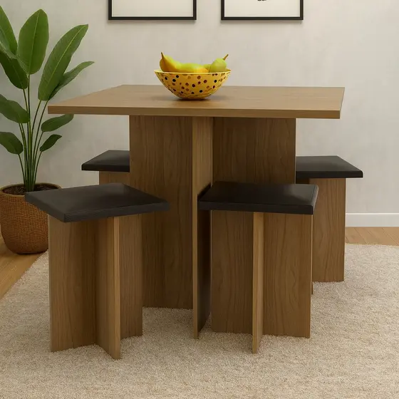 Conjunto Mesa Jantar Cozinha  Pequena Compacta E Bancos 4 Lugares