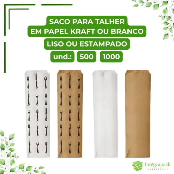 Saco Talher Papel Kraft Branco 27x7cm Porta Talher Delivery Restaurante Estampado Liso Padronizado