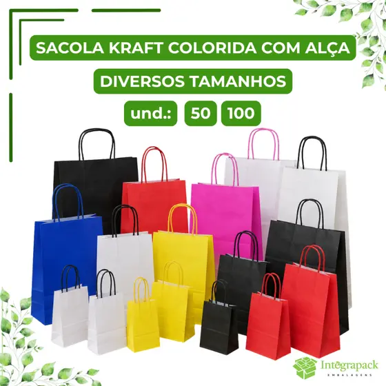 Sacola Kraft Colorida Delivery Com Alça Papel Reforçado Para Loja Presente Embalagem Comércio