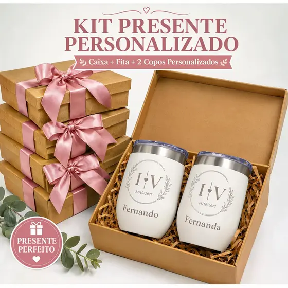 Kit Convite Padrinhos de Casamento Copo Térmico + Caixa MDF