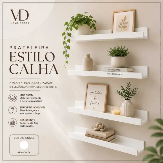 Prateleira Calha Decorativa - Porta Quadros - MDF Branco TX