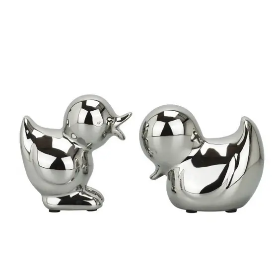 Enfeite Decorativo Cerâmica Patos Prateados 11cm