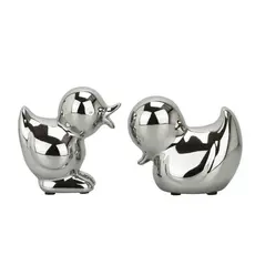 Enfeite Decorativo Cerâmica Patos Prateados 11cm