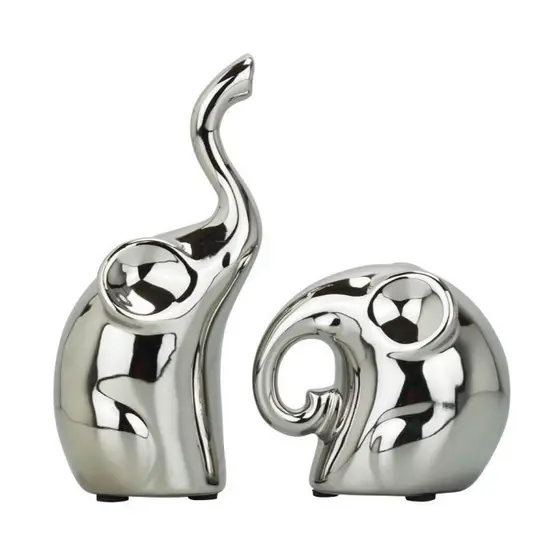 Enfeite Decorativo Cerâmica Elefantes Prateados 15cm
