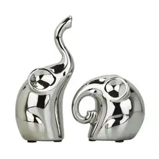 Enfeite Decorativo Cerâmica Elefantes Prateados 15cm