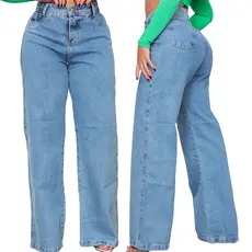 CALÇA WID LEG JEANS PREMIUM COS ALTO CLARA MARMORIZADA ESCURA CALÇA DA BOCA LARGA