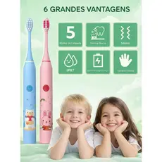 Escova sônica infantil, 100% à prova d’água, com cerdas macias e 4 cabeças substituíveis.