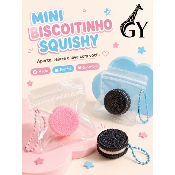 Mini Squishy Biscoito Recheado de Apertar com Bolsinha Transparente e Corrente Chaveiro Antiestresse