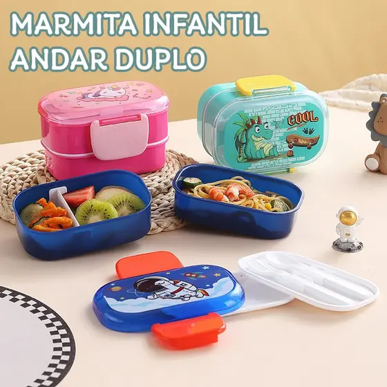 Kit De Marmita 2 Andares Escolar Lancheira Infantil Dino Astronauto Unicornio Com Colhr e Garfo