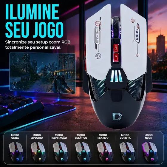Mouse Gamer RGB 12000 DPI com 7 Botões Programáveis, USB – Compatível com PC e Notebook