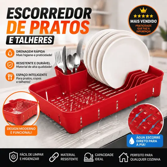 Escorredor de Louças Com Porta Talhares Pratos Copos|Organizador de Pratos Compacto p/ Pia Multiuso