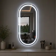 Espelho Oval Jateado Com Led e Botão Touch 80x50cm Lapidado Decoração Quarto Sala