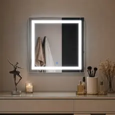 Espelho Quadrado Jateado com Led 3 Cores Touch liga e Desliga para Banheiro Maquiagem Penteadeira