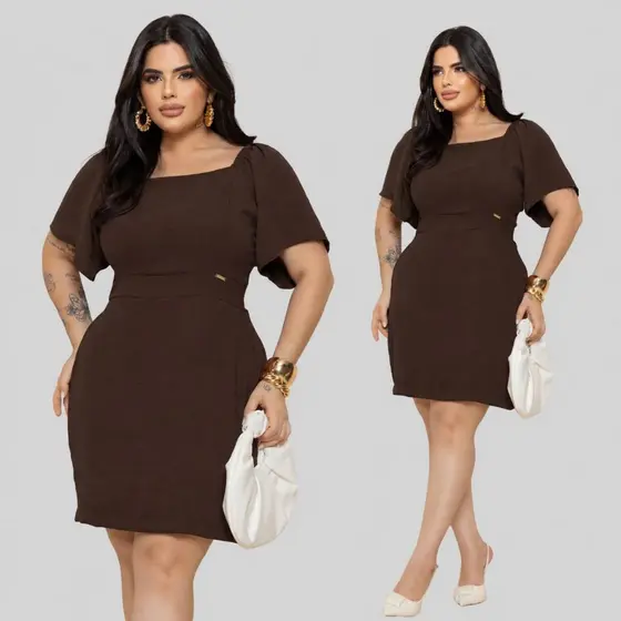 Vestido Plus Size Feminino Curto Acinturado Manga Solta Decote Quadrado Elegante Casual
