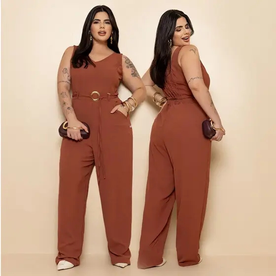 Macacão Longo Feminino Plus Size Duna Forrado Bolsos Regata Cinto Look Festa Social Elegante