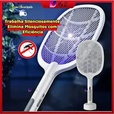 Raquete Mata Mosquito Recarregável Com Suporte De Mesa Casa Cor Branco