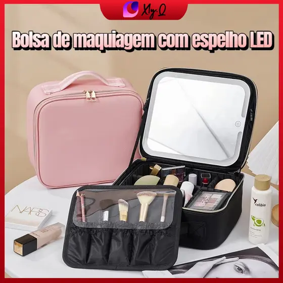 Maleta de Maquiagem de Couro com Espelho LED - 3 Modos de Iluminação, Compacta e Espaçosa