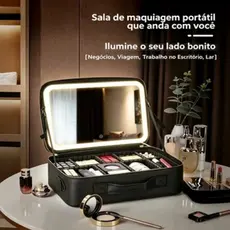 Nécessaire de Couro com Espelho LED 3 Cores de Luz e Divisórias Ajustáveis para Cosméticos