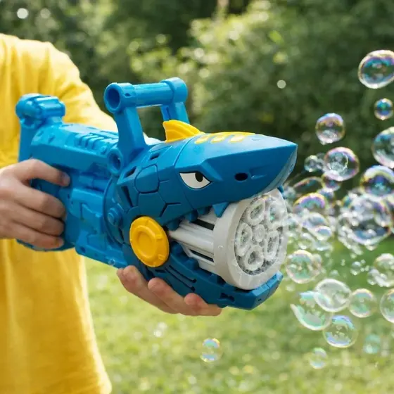 Pistola Bolhas Tubarão Lança Bolinhas Sabão Brinquedo Água Luz Azul Presente Criança Festa Diversão